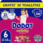 Dodot Pañales Bebé Activity, Talla 6 (13-18 kg), 116 Pañales, Hasta 12h de Protección Antifugas y Ajuste, Pack Mensual