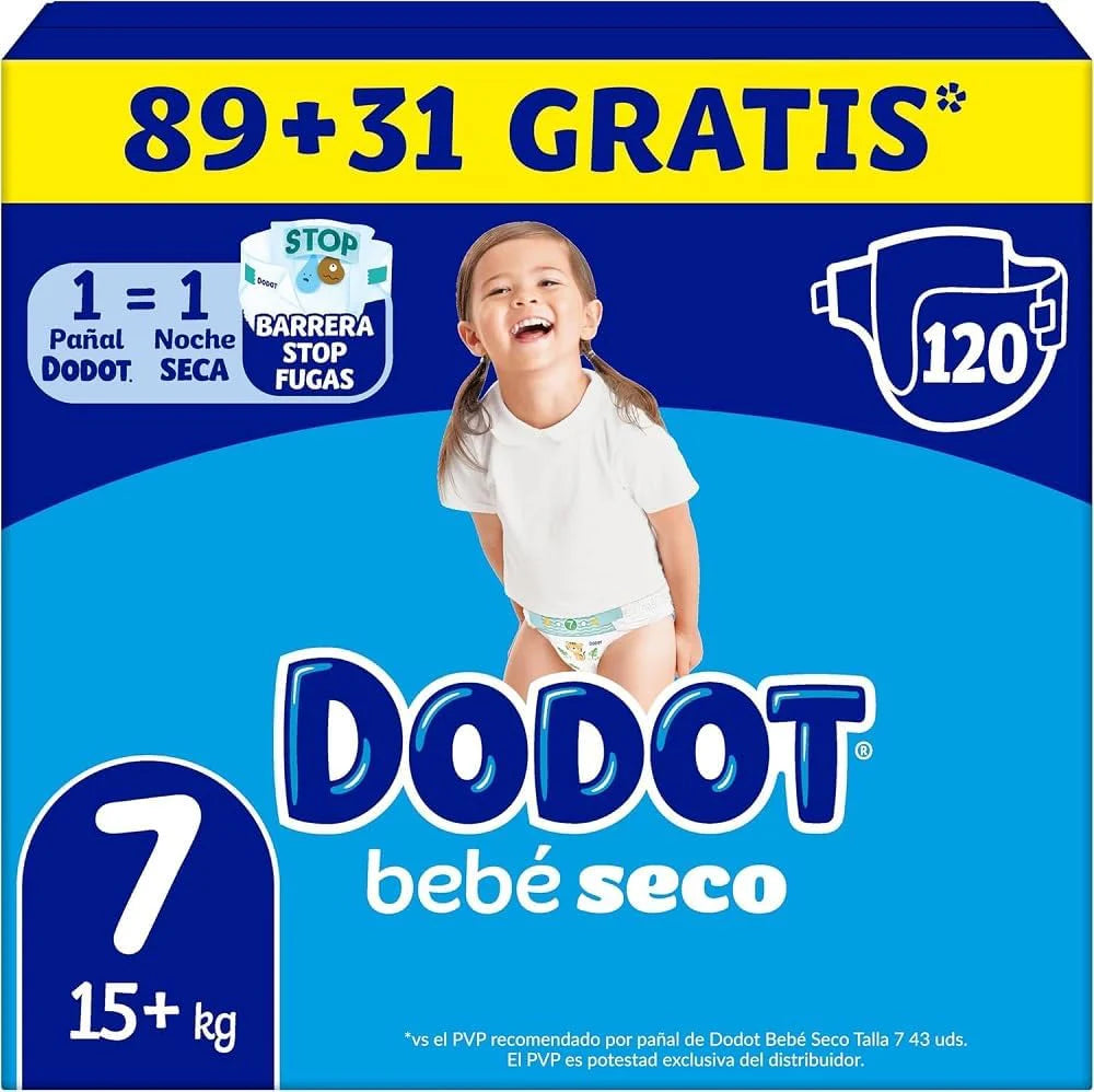 Dodot Pañales Bebé-Seco, Talla 7 (15+ kg), 120 Pañales, Una Noche Hasta Un 100% Libre De Fugas, Pack mensual