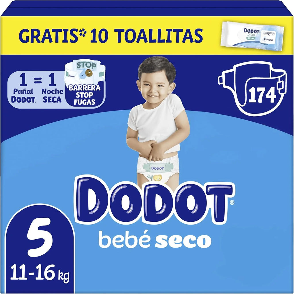 Dodot Pañales Bebé-Seco, Talla 5 (11-16 kg), 174 Pañales + Regalo de 1 Pack de 10 Toallitas Aqua Pure 99% Agua,Una Noche Hasta Un 100% Libre De Fugas, Pack mensual
