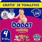 Dodot Pañales Bebé Activity, Talla 4 (9-14 kg),174 Pañales, Hasta 12h de Protección Antifugas y Ajuste, Pack Mensual