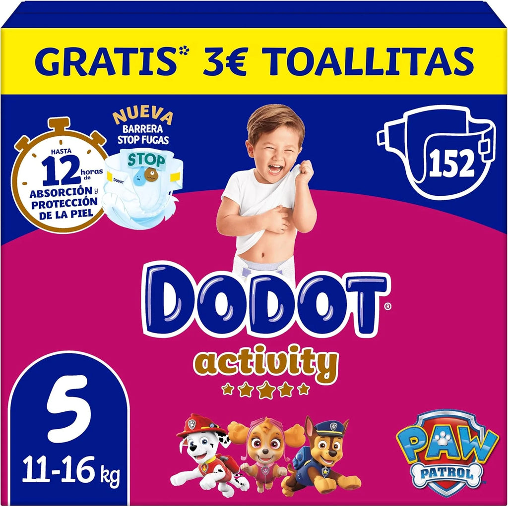 Dodot Pañales Bebé Activity, Talla 5 (11-16 kg), 152 Pañales, Hasta 12h de Protección Antifugas y Ajuste, Pack Mensual