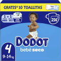 Dodot Pañales Bebé-Seco, Talla 4 (9-14 kg), 256 Pañales + Regalo de 1 Pack de 10 Toallitas Aqua Pure 99% Agua, Una Noche Hasta Un 100% Libre De Fugas, Pack mensual