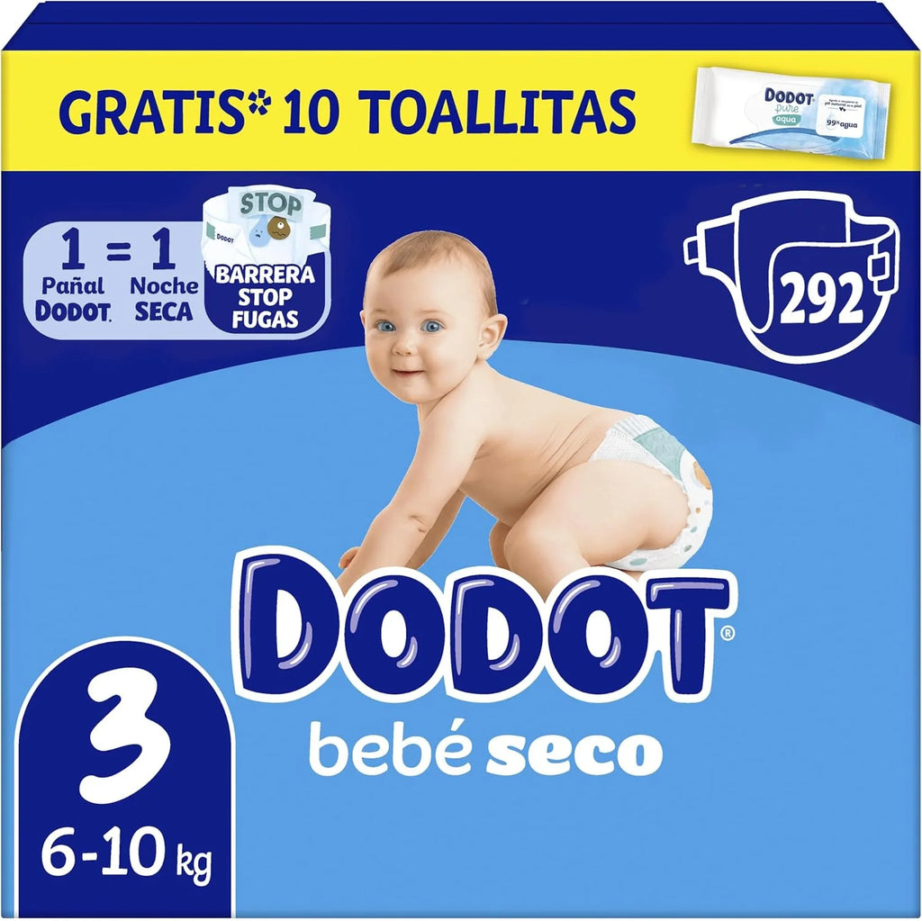 Dodot Pañales Bebé-Seco, Talla 3 (6-10 kg), 292 Pañales + Regalo de 1 Pack de 10 Toallitas Aqua Pure 99% Agua, Una Noche Hasta Un 100% Libre De Fugas, Pack mensual