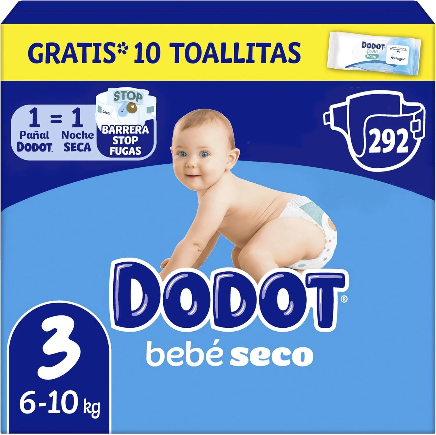 Dodot Pañales Bebé-Seco, Talla 3 (6-10 kg), 292 Pañales + Regalo de 1 Pack de 10 Toallitas Aqua Pure 99% Agua, Una Noche Hasta Un 100% Libre De Fugas, Pack mensual