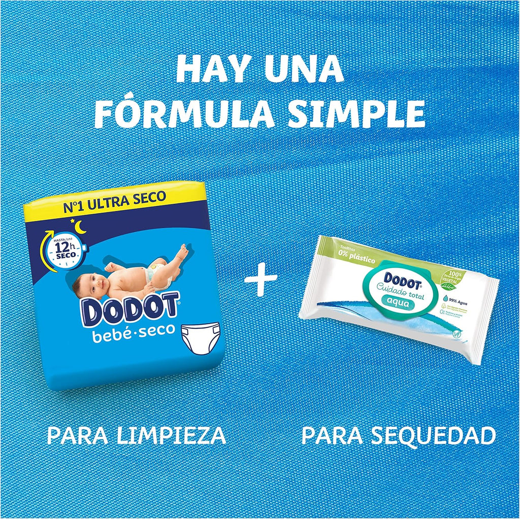 Dodot Pañales Bebé-Seco, Talla 4 (9-14 kg), 256 Pañales + Regalo de 1 Pack de 10 Toallitas Aqua Pure 99% Agua, Una Noche Hasta Un 100% Libre De Fugas, Pack mensual