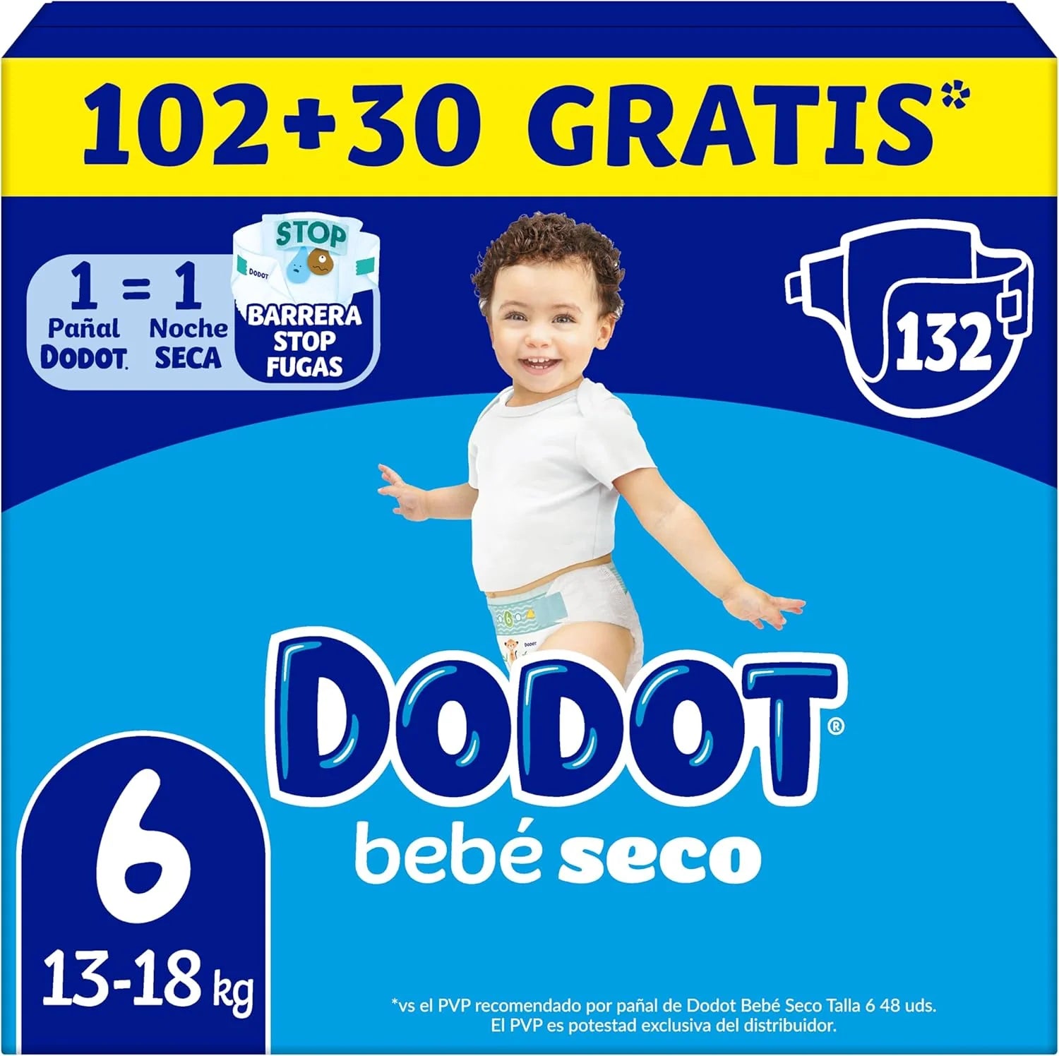 Dodot Pañales Bebé-Seco, Talla 6 (13-18 kg), 132 Pañales + Regalo de 1 Pack de 10 Toallitas Aqua Pure 99% Agua, Una Noche Hasta Un 100% Libre De Fugas, Pack mensual