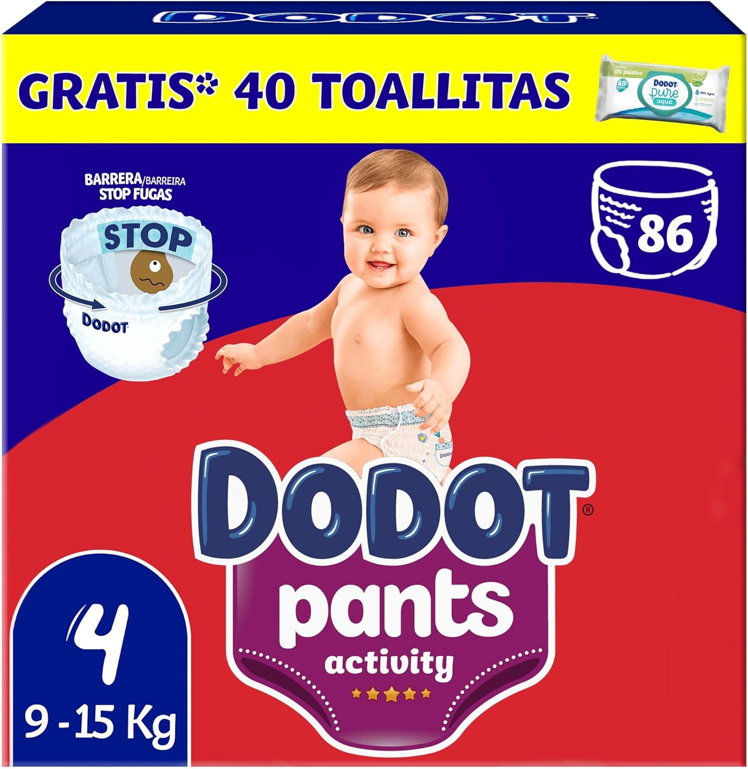 Dodot Nappy Activity Pants Size 4 (9-15 kg), 86 Nappies + Gift of 1 Pack of 40 Wipes, with 360 Adjustment Anti-Leak Extra Soft